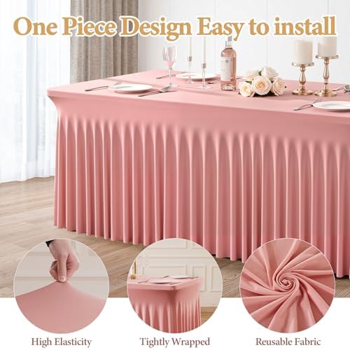 2 Packs Dusty Rose Spandex Table Cloths 8 Foot, Fitted Stretch Table Cover with Skirts 30x96 Inch, Wrinkle-Free Floor Length Tablecloths Rectangular for Weddings Parties Banquets Events Decorations - Image 2