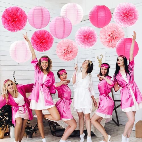 Light-Hot Pink Party-Decorations Paper-Flowers Lanterns - 29pcs Happy Banner Girl Birthday Decor Tissue Pom Poms Streamers, Bridal Baby Shower Wedding Bachelorette Valentine Hanging Supplies Hugfond - Image 5