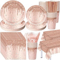 Funnymoom 452 Pcs Rose Gold Party Supplies Birthday Decorations Include Glitter Rose Gold Paper Plates and Napkins Cups Tablecloth Cutlery Straws Disposable Tableware Set for Women Birthday by Funnymoom