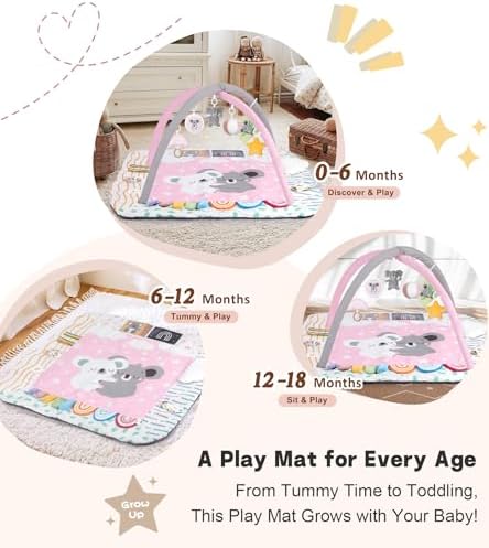 Baby Play Mat Activity Gym, 6 Developmental Zones Tummy Time Mat, 6 Detachable Sensory Toys and Educational Cards, Essential Baby Shower Set, Pink Koala - Image 5