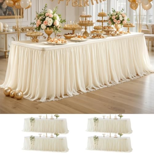 Wish Care 4 Pack Light Champagne Tulle Table Cloth for 8 Foot Rectangle Tables Tulle Tutu Skirt Stretch Fitted Tablecloth Wrinkle Free Ruffle Table Cover for Party Wedding Birthday Banquet Decorations by WishCare