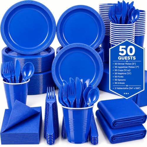 Tinybee 352 Pcs Blue Plastic Plates, Disposable Dinnerware Set for 50 by Tinybee
