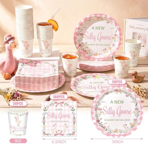 Hushee 200 Pcs a New Silly Goose Baby Shower Party Plates Cup Napkin, Pink - Image 3