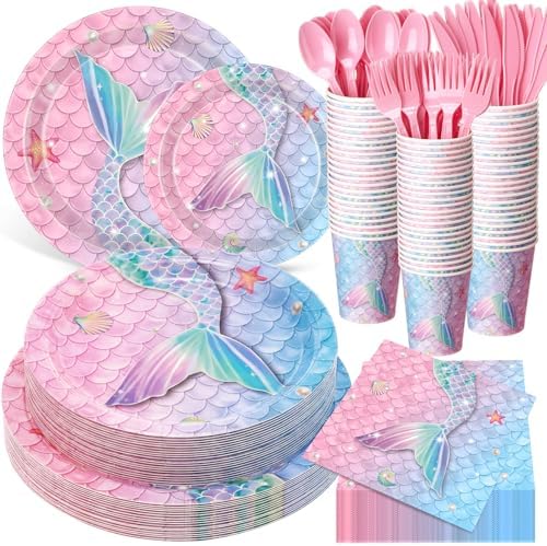 400 Pcs Mermaid Party Decoration for 50, Pink Blue Mermaid Birthday Paper Plates Napkins Cup Cutlery Under The Sea Princess Disposable Tableware for Baby Shower Ocean Birthday Party Supply by Sunnychicc