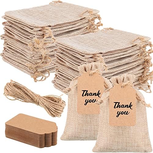 Woanger 100 Pcs Drawstring Burlap Gift Bags 4x6 Inch with Tags, Light Brown by Woanger