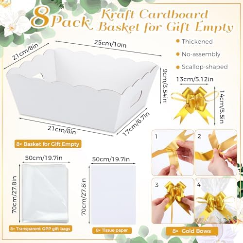 Fuyoooo 8 Pack White Basket for Gifts Empty to Fill, 10" x 8" Thick Sturdy Kraft Scalloped Edge Gift Basket with Handle, 8 Wrap Bag 8 Bow 16 Tissue Paper for Christmas Wedding Birthday Wrapping Gift - Image 2