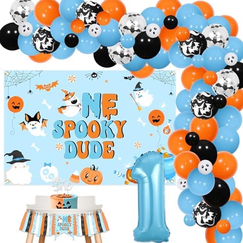 Halloween 1st Birthday Decorations Boy Blue - One Spooky Dude Backdrop with Balloon Arch Kit, Highchair Banner, Cake Topper Foil Balloon for Spooky First Birthday Party Supplies by Funmemoir