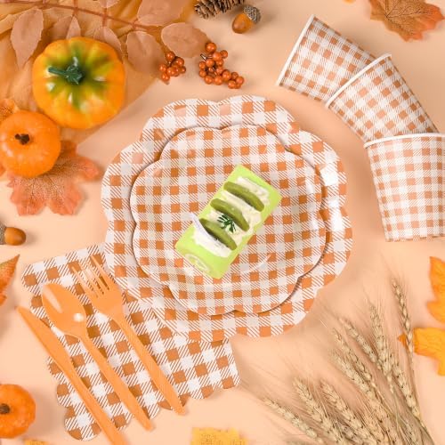 400 Pcs Fall Gingham Party Supplies for 50 Guests Orange and White Scalloped Paper Plates Napkin Cup & Cutlery Disposable Checkered Dinner Party Set for Thanksgiving, Halloween, Fall Wedding, Birthday - Image 3