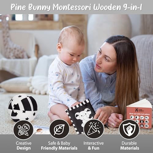 Pine Bunny Montessori 9-in-1 Newborn Sensory Toy Set for 0+ Months Plush Bed Wrap Vision Ball, Black & White Cards Mirror Bed Surround Elephant Teether Educational Learning Tummy Time Development Toys - Image 5