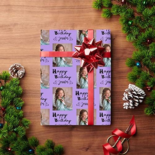 Personalized Gift Wrap Paper with Picture, Happy Birthday with Name Photo Purple Custom Photo Gift Wrapping Paper Roll for Boys Girls Kids Baby Shower Anniversary 58x23 3 Rolls - Image 4