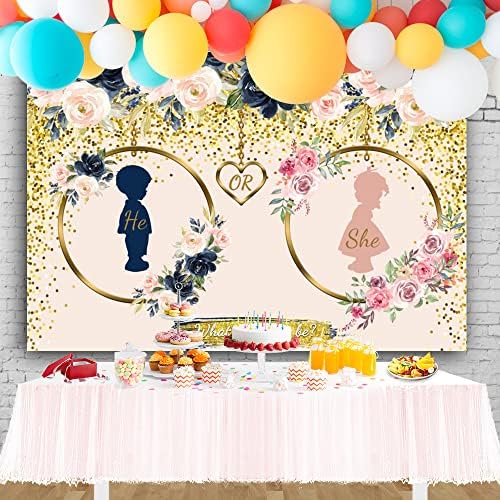 8x6ft Gender Reveal Decorations Banner Backdrop Navy and Blush He or She What Will Baby Be Gender Reveal Backdrop Boy or Girl Pregnancy Reveal Photography Background Decoration Supplies - Image 2