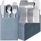 Gueevin 200 PCS Linen Feel Napkins with Plastic Dinnerware Napkin and Plastic Cutlery Set Disposable Dinnerware(Dusty Blue) by Gueevin