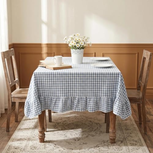Eternal Beauty Gingham Ruffled Tablecloth Dusty Blue White 52x70 Farmhouse - Image 3