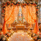 10ft x 10ft Orange Tulle Photo Backdrop Curtain with Lights String for Halloween Party Orange Sheer Curtain Backdrop Drapes for Birthday Party Wedding Photo Booth Background Home Room Decorations - Image 4