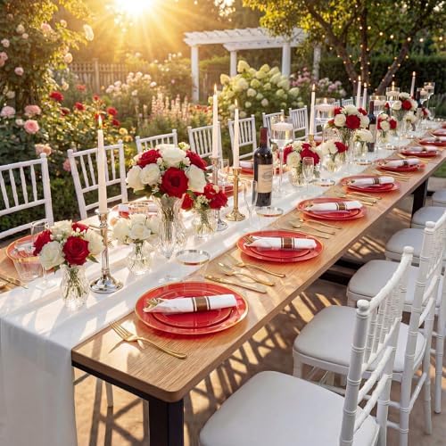 WDF Partyware 350Pieces Red Plastic Plates with Gold Rim Include 50Dinner Plate 10inch 50Dessert Plate 7inch 50 gold Cups 9 OZ, 50 Pre Rolled Napkins for Wedding/Birthday/Christmas/Party - Image 3