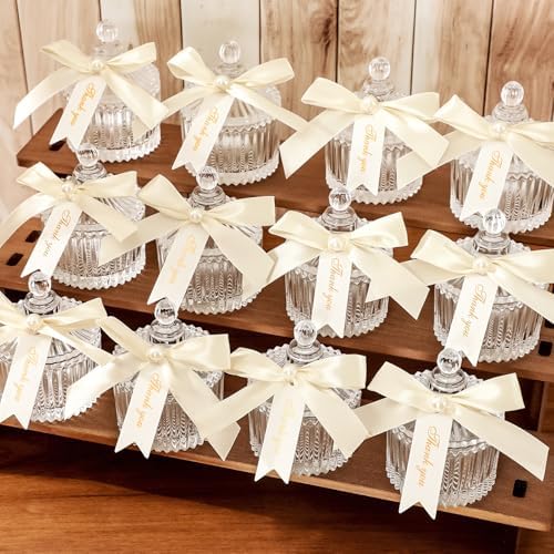 JarThenaAMCS 12 Sets Pearl Baby Shower Empty Candle Jar with with Lid Pearl Ribbon Bow Thank You Tag Candy Crystal Canister for Wedding Baby Shower Birthday Gift Supplies by JarThenaAMCS