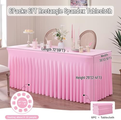 Spandex Tablecloth 6FT Rectangle Table Cover 6 Pack Pink Wrinkle-Free - Image 3