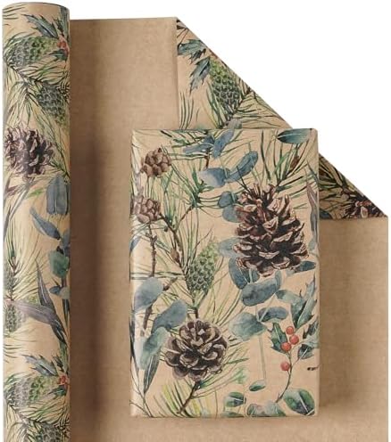 RUSPEPA 30" X 100' Kraft Christmas Wrapping Large Paper Roll, Jumbo Roll, Watercolor Pinecone and Eucalyptus Leaf Design, Kraft Gift Wrap for Christmas, Winter Holiday Party, Rustic Natural Theme - Image 2