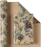 RUSPEPA 30" X 32.8' Kraft Christmas Wrapping Large Paper Roll, Jumbo Roll, Watercolor Pinecone and Eucalyptus Leaf Design, Kraft Gift Wrap for Christmas, Winter Holiday Party, Rustic Natural Theme - Image 2