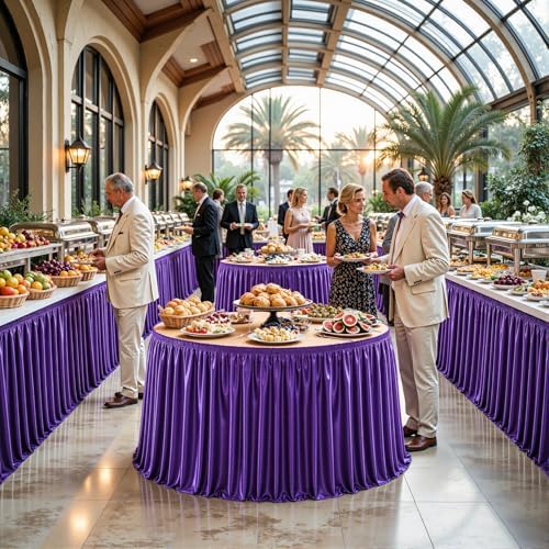 14ft Length Purple Satin Table Skirt for Rectangle Tables, Wrinkle Resistant Pleated Ruffle Table Cloth Glitter Desk Skirting for Weddings Banquet Birthday Party Bridal Shower Decorations - Image 3