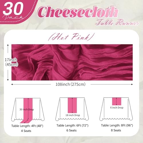 30 Pack Hot Pink Cheesecloth Table Runner 17 x 108 inch Cheese Cloth Table Runners 9ft Pink Table Runner Rustic Romantic Sheer Gauze Runner for Wedding Party Baby Shower Table Decoration - Image 2