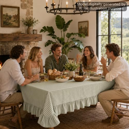 Striped Ruffled Tablecloth 60x120in Cotton Polyester Striped Tablecloth Rectangular Fits 8-10 Seater Table Farmhouse Vintage Table Cover for Home Kitchen Baby Shower Birthday Party Picnic (Sage Green) - Image 7