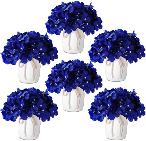 Leinuosen 6 Set Artificial Hydrangea Flowers and Plastic Vases Set Centerpieces Table Decorations Silk Fake Hydrangea Full Flowers Heads with Stems Bulk for Wedding Home Baby Shower (Royal Blue) by Leinuosen