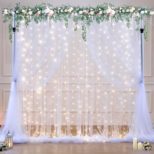 10ft x 10ft White Tulle Backdrop Curtain with Lights String for Parties Wedding Bridal Shower Sheer White Curtain Backdrop for Birthday Baby Shower Photo Booth Background Decorations - Image 2