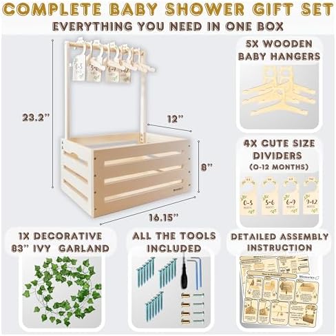Wooden Baby Shower Crate Closet with Clothes Hangers & Dividers, Large Gift Basket for Boys & Girls, Wood Box Storage & Display with Handles & Ivy Garland, Welcome Gifts for New Parents. - Image 4