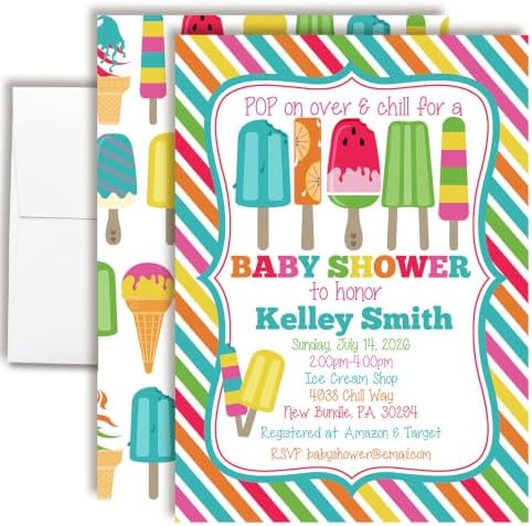 20 Custom Baby Shower Invitations with Envelopes – Personalized Popsicle Summer Chill 5x7 Invite Set | Fully Customizable, Proof Included, Customizable Kit of Matching Thank You Cards, Stickers & Diaper Raffle Tickets | Made in USA by AmandaCreation