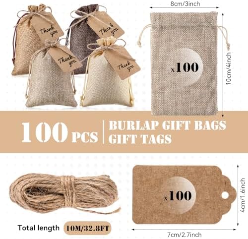 Woanger 100 Pcs Drawstring Burlap Gift Bags 4x6'' with Tags, Hemp Brown Mix - Image 2
