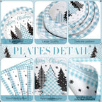 Funnymoom 452 Pcs Light Blue Christmas Party Decoration for 50, Plaid Gingham Tree Blue Xmas Paper Plates Napkins Cups Tablecloth Cutlery Straws for Winter Holiday Baby Shower Birthday Party Supplies - Image 2