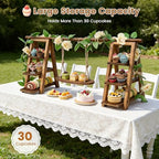 3 Tier Wooden Cupcake Stand with Swing & Flower Decor for Cake Fruit Snack - Image 5