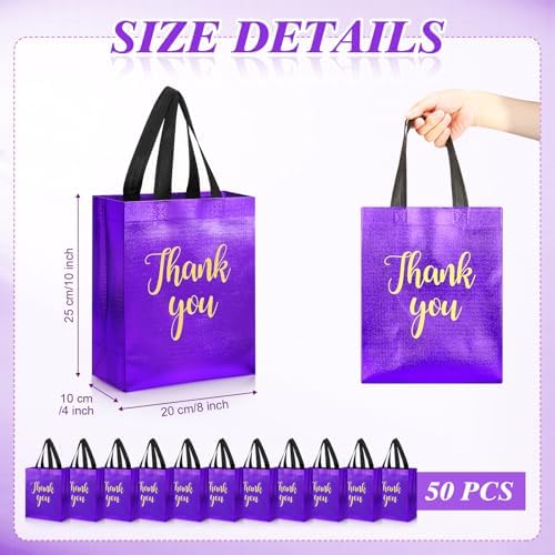 Fumete 50 Pcs Purple Glossy Thank You Gift Bag with Handles - Image 2
