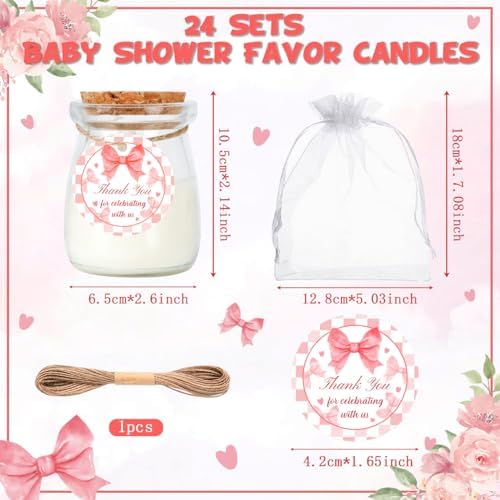 24Pcs Baby Shower Candle Party Favors Lavender Scented Glass Jars Wax Candle Bulk with Thank You Cards Organza Bags for Guests Boy Girl Birthday Gender Reveal Gift Souvenirs (Pink Bow, 24) - Image 2
