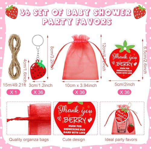 Roshtia 36 Set Strawberry Baby Shower Favors for Guests Clear Acrylic Shot Glasses Thank You Tags Keychains Organza Bags Strawberry Party Supplies for Girl Gender Reveal Favor - Image 3
