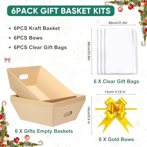 AFOROEOA 6PACK Baskets For Gifts Empty, 10x12”Thick Kraft Gift Basket with 6Bows 6Bags Empty Gift Baskets for Christmas, Valentine’s Day, Easter, Birthdays, Valentine’s Day Wrapping Gift - Image 3