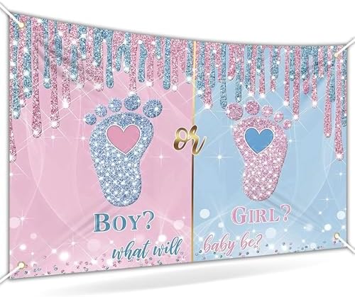 What Will Baby Be? Gender Reveal Backdrop Banner Size 10x8 Ft Pink & Blue Glitter Baby Footprint Design Durable Polyester Photo Booth Background for Boy or Girl Gender Reveal Decorations by Unknown