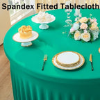 6 Pack Emerald Green Spandex Round Tablecloths for 72 Inch Table, Stretchy 132 Inch Fitted 6FT Cloths, Wrinkle Free Cover With Skirt for Wedding Party Dining Banquet - Image 2