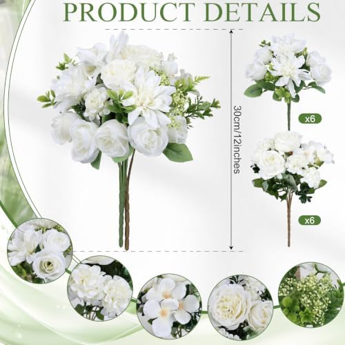 White Peonies Dahlia Artificial Flowers Bulk, 12 Bundles - Image 2