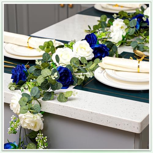 Riceshoot 4 Pcs 26 ft Artificial Eucalyptus Vines Garland with Flowers Faux Floral Greenery Garlands Rose Wreath for Wedding Party Arch Table Decor Backdrop Decorations (Blue and White) - Image 4
