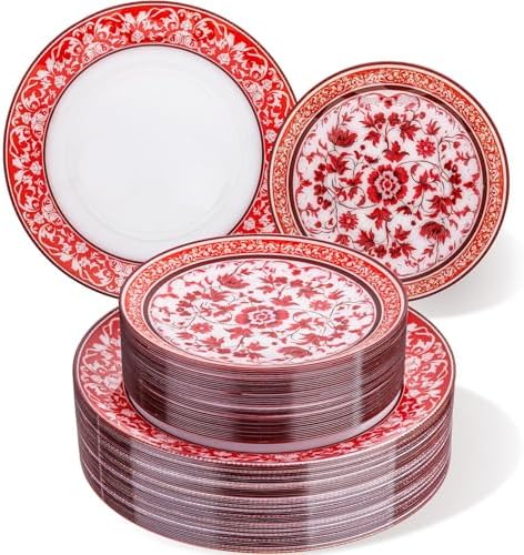 Hioasis Red Plastic Plates, Fancy Disposable Pates, 60 Pcs for 30 Guests by Hioasis