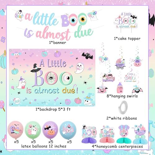 Pastel Halloween Baby Shower Decorations A Little Boo Is Almost Due Backdrop Banner Cake Topper A Baby Is Brewing Spooky Honeycomb Centerpiece Halloween Hanging Swirls Balloons for Pregnancy - Image 6