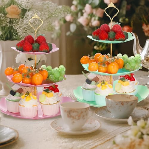 6 Pcs 3 Tier Cupcake Stand Tea Party Trays 3 Tier Serving Tray Plastic Dessert Stand Cake Fruit Candy Display Tower for Wedding Birthday Tea Party (Sakura,White,Pink,Green) - Image 6