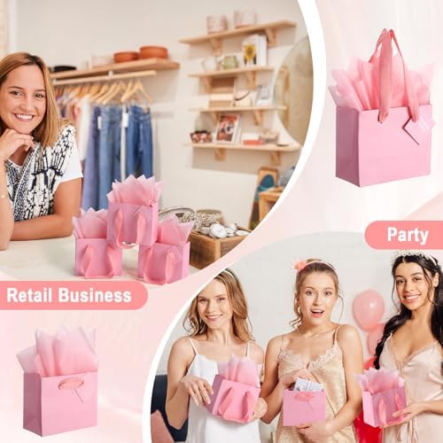 Qilery 50 Pcs Wedding Paper Gift Bags Bulk with Tissue Paper Small Gift Bags with Handle and Tags for Birthday Wedding 4th of July Party Business(Pink,4.7 x 2.4 x 3.9'') - Image 6