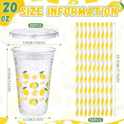 Funnymoom 50 Sets 20 oz Lemonade Plastic Cups with Lids and Paper Straws - Image 2
