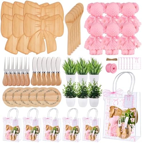 56Pcs Baby Shower Prizes for Game Winners Bamboo Cheese Board Fork Butter Spreaders Coasters Towel Artificial Potted Plant Gift Bag for Baby Shower Bridal Shower Favors (6 Sets, Bamboo Bow Shaped) by WishFond