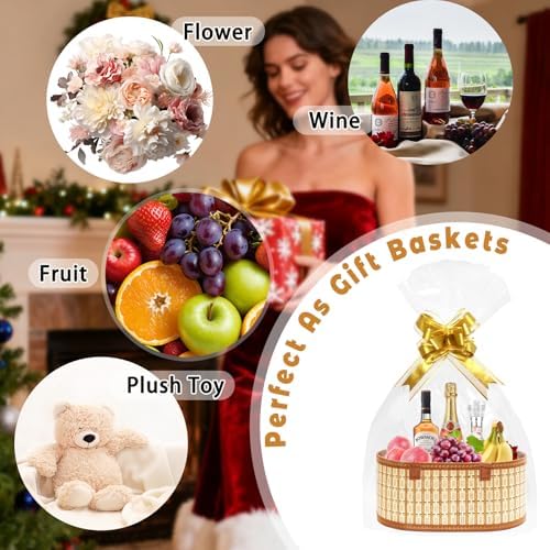 Mapaim 4 Pack Baskets for Gifts Empty,Large Gift Basket Kit with Cellophane Wrap & Bows, Woven Bamboo Gift Baskets with Handles, Ready to Gift Set for Birthday, Holiday, Baby Shower, Easter（Oval） - Image 3