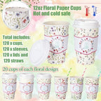 Jingmore 120 Sets 16oz Disposable Paper Coffee Cups with Lids Sleeves Straws Holiday Paper Drinking Cups Bulk for Hot Cold Beverages Home Business Cafe Birthday Party Supplies (Boho Flowers) - Image 2