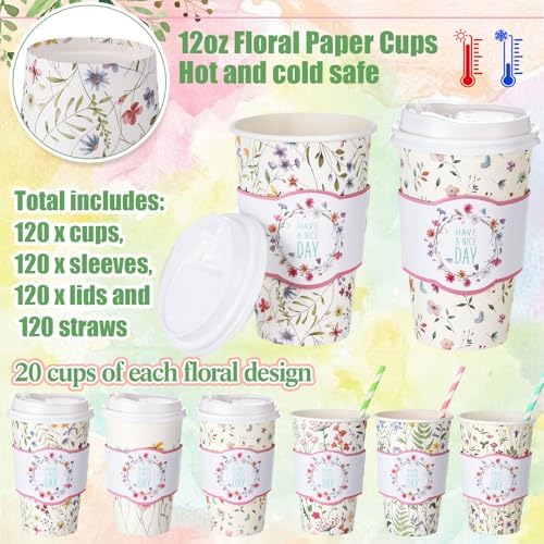 Jingmore 120 Sets 16oz Disposable Paper Coffee Cups with Lids Sleeves Straws Holiday Paper Drinking Cups Bulk for Hot Cold Beverages Home Business Cafe Birthday Party Supplies (Boho Flowers) - Image 2